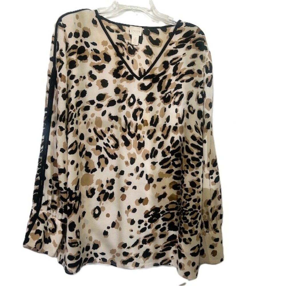 Chicos Blouse Ladies sz 2 Animal Print Black Piping Slit Sleeves V Neck Read